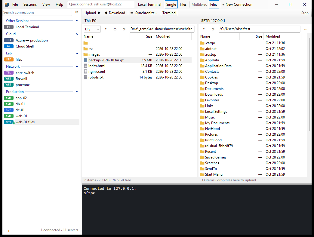 An SFTP connection in two panes: a website folder on this PC on the left and the server's home folder on the right, with the sftp terminal below.