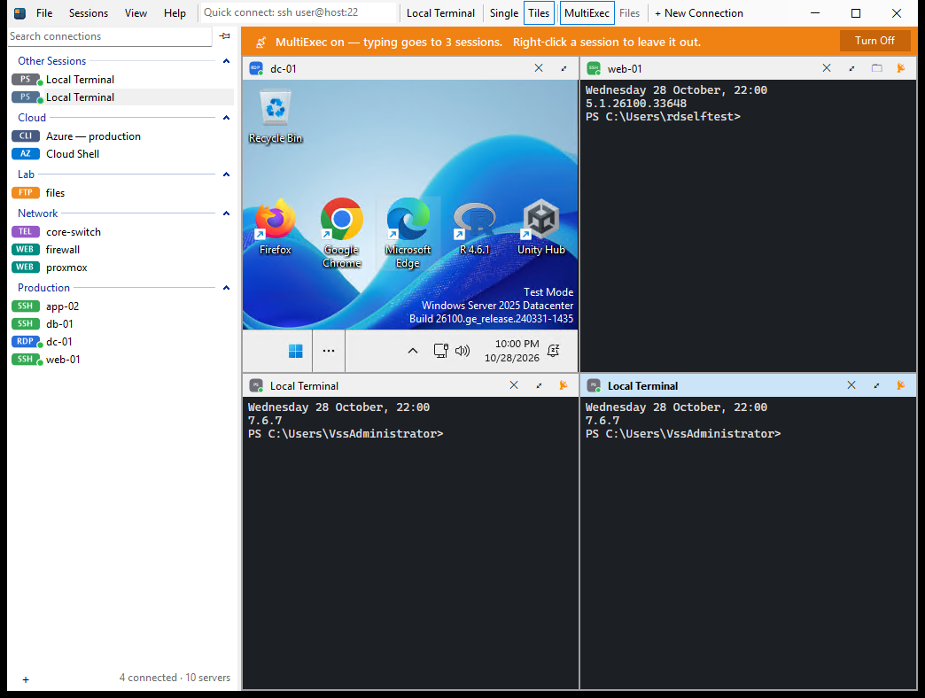 Four terminals shown as tiles, with MultiExec on.
